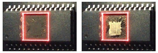Obr. 2 Snímek součástky s odstraněnou vrstvou materiálu pouzdra na úrovni propojovacích vodičů (vlevo) a s odstraněnou vrstvou materiálu pouzdra na úrovni čipu (vpravo)